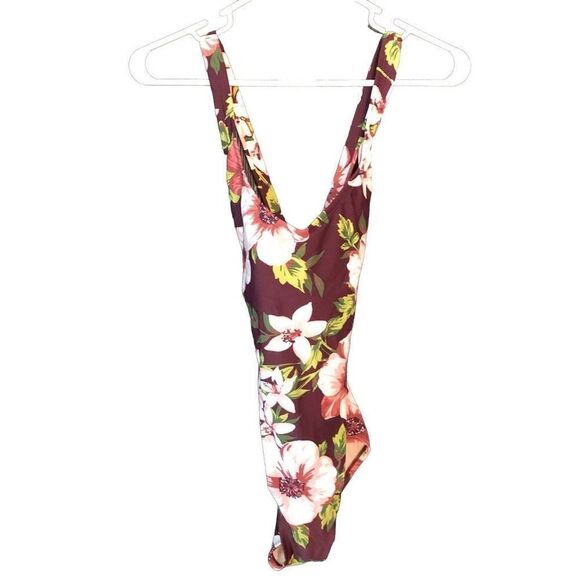 Kona Sol For Target Womens One Piece Cut Out Swimsuit M Hibiscus Floral Wine - Picture 1 of 7